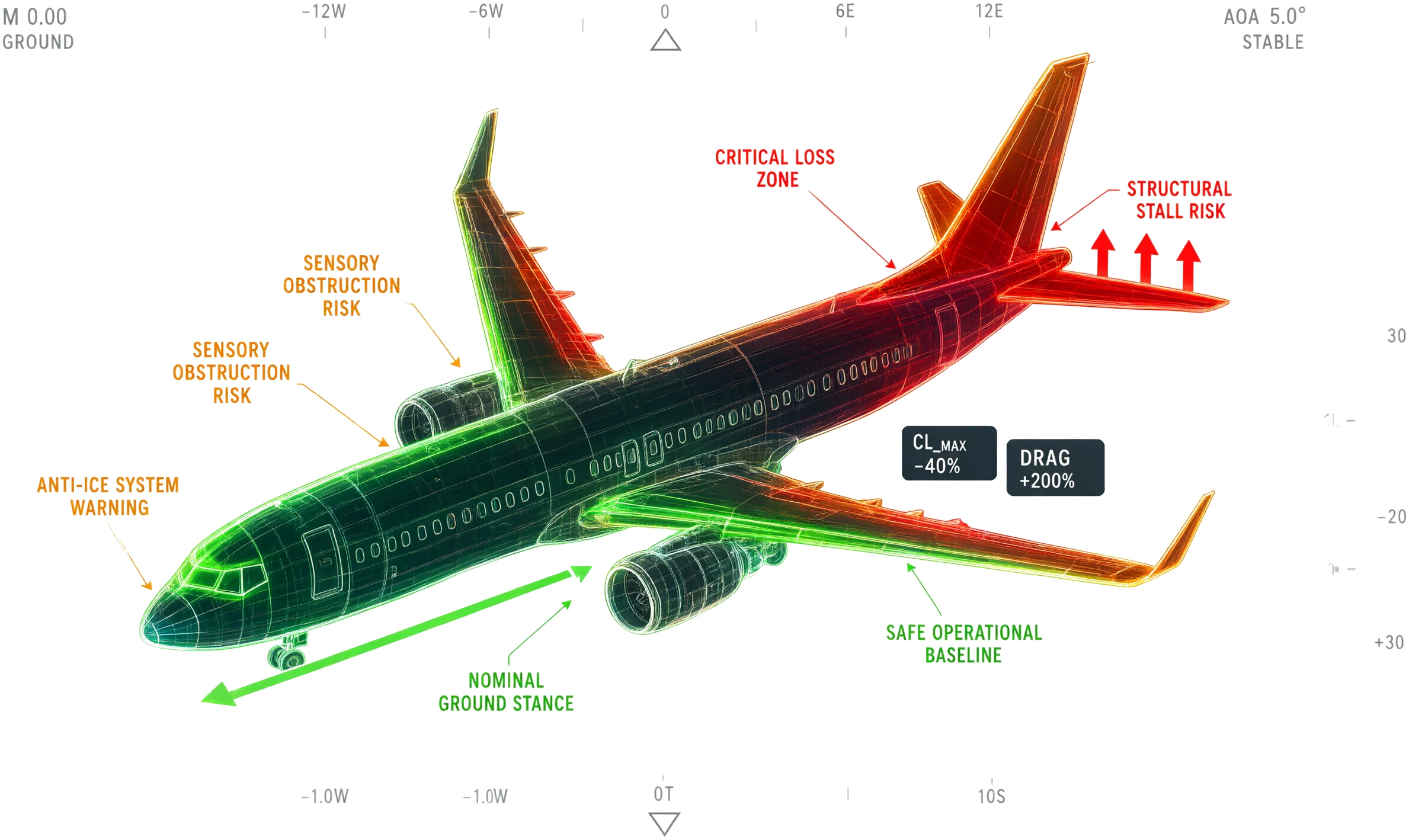 Holographic wireframe airliner HUD with risk zone annotations